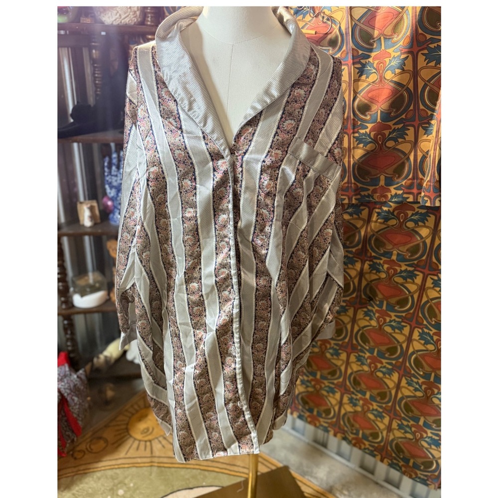 Sleep Club Vintage Floral Striped Honeycomb Silky Pajama Nightshirt Top L
